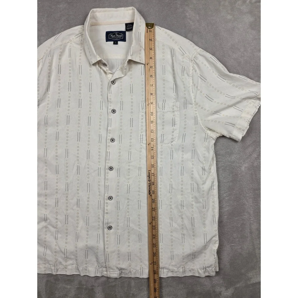 Nat Nast Button Up Shirt Mens Large Cream Silk Cotton Geometric Short Sleeve